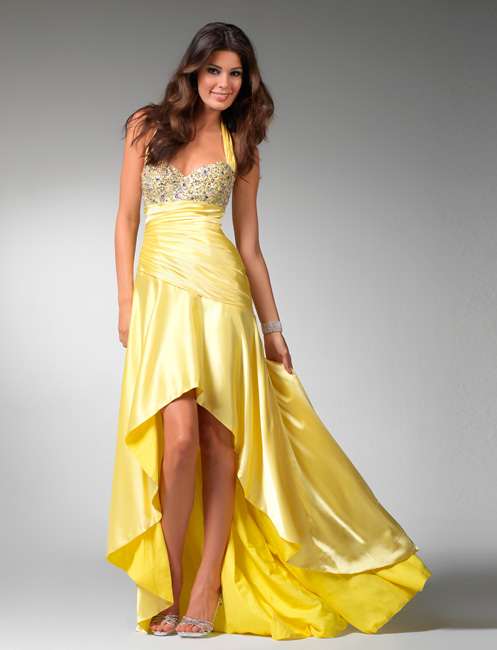 Hot Sale Yellow Halter And Sweetheart Hi Low A Line Prom Dresses With Jewel 