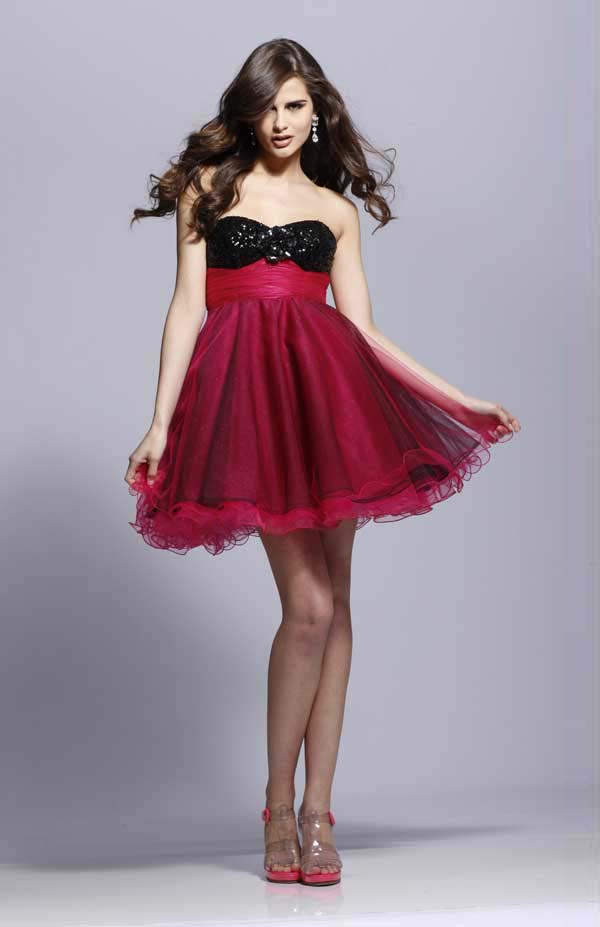 Black And Red Strapless Sweetheart Empire Knee Length A Line Prom Dresses