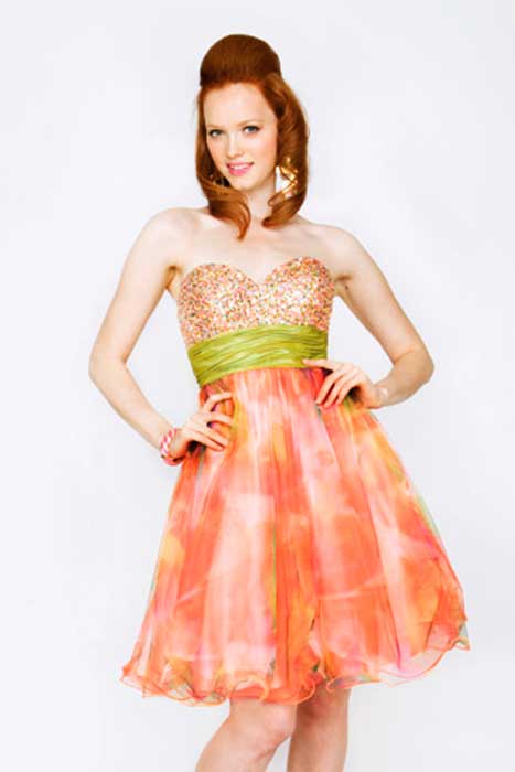 Romantic Printed Pink Strapless Sweetheart Knee Length Empire Prom Dresses With Sequins And Green Sash 