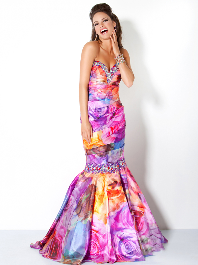 Floral Printed Strapless Sweetheart Sweep Train Floor Length Mermaid Prom Dresses With Jewel 