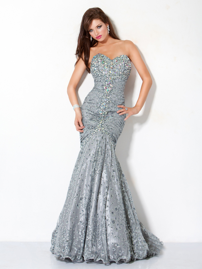 Pewter Strapless Sweetheart Mermaid Floor Length Prom Dresses With Sequins And Beads 