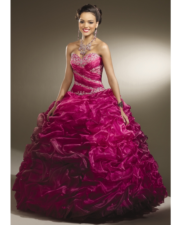 Glamorous Fuchsia Ball Gown Sweetheart Strapless Floor Length Organza Quinceanera Dresses With Emboridery And Ruffles