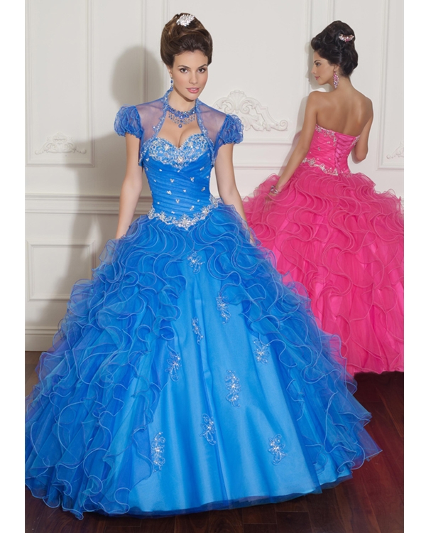 Blue Sweetheart Sweetheart Ball Gown Floor Length Organza Quinceanera Dresses With Ruffles And Beads