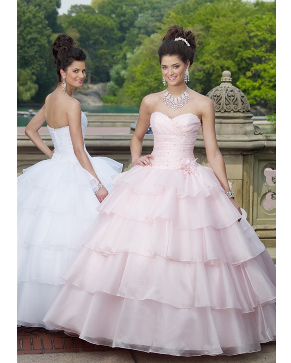 Strapless Sweetheart Floor Length Tiered Organza Quinceanera Dresses With Ruffles And Beads