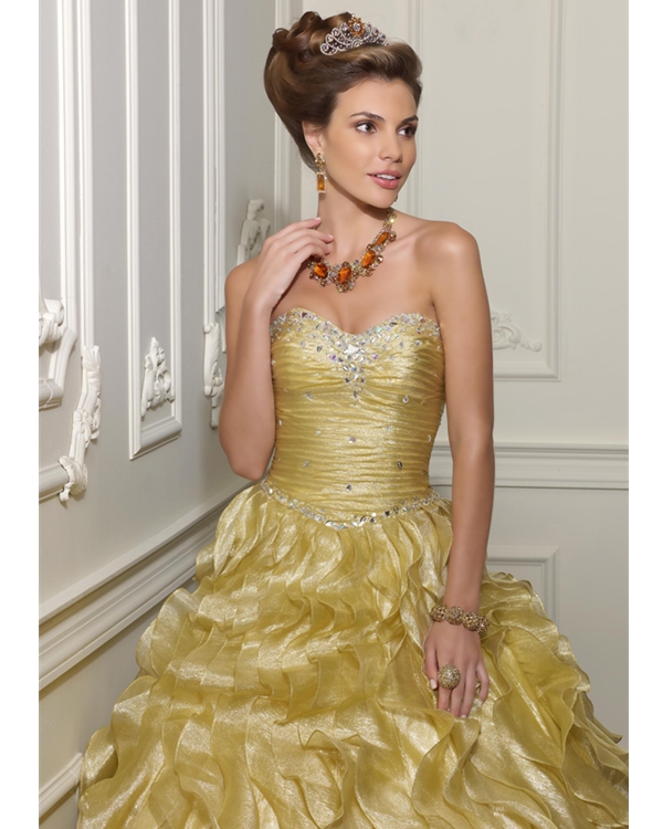 Gold Strapless Sweetheart Beading And Pleating Floor Length Ball Gown Organza Quinceanera Dresses 