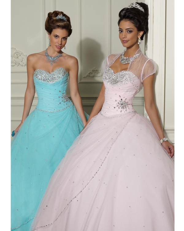 Strapless Sweetheart Pink Beaded Full Length Ball Gown Tulle Quinceanera Dresses