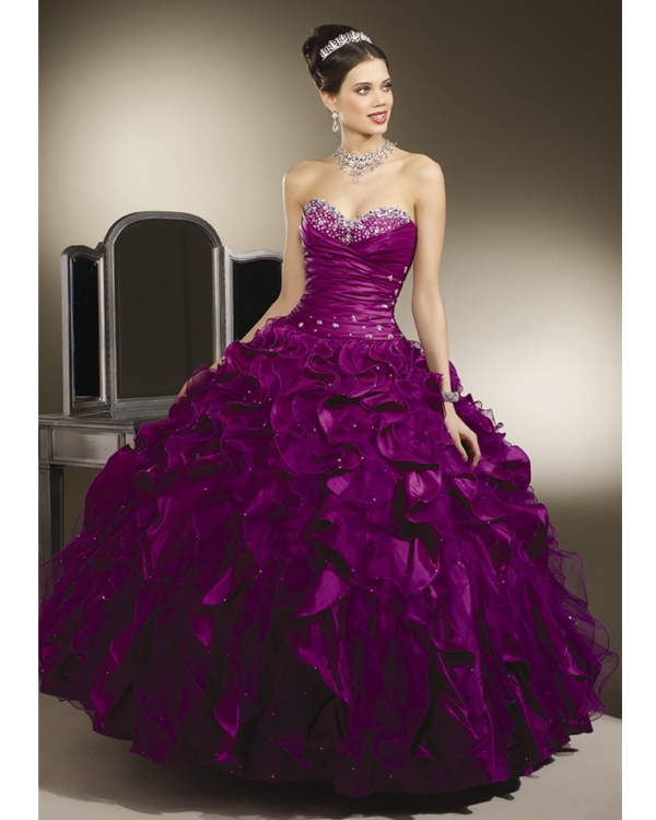 Purple Strapless Sweetheart Ball Gown Floor Length Tulle Quinceanera Dresses With Ruffles