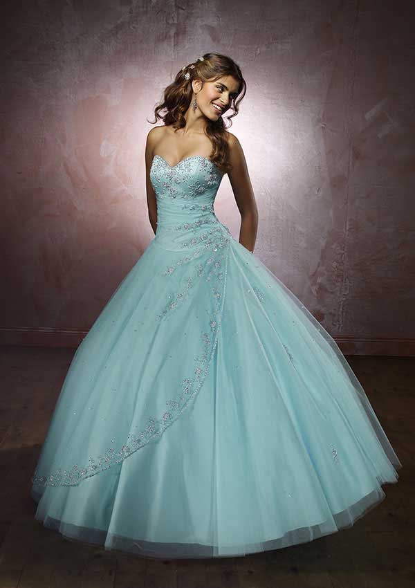 Light Blue Sweetheart Neckline Beaded Tulle Satin Ball Gown 