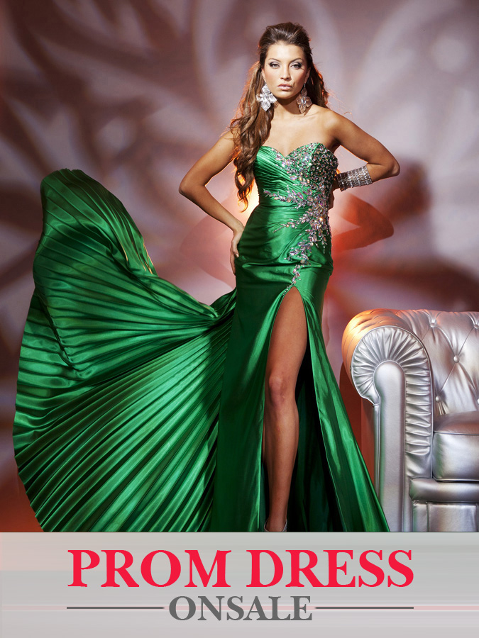 Green Sweetheart Strapless Sheath High Slit Pleated Train Floor Length Prom Dresses With Crystals 