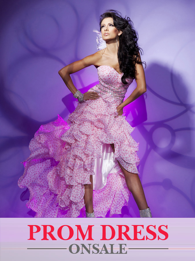 Pink Printed Strapless Sweetheart Hi Low Ruffled A Line Prom Dresses With Beadings