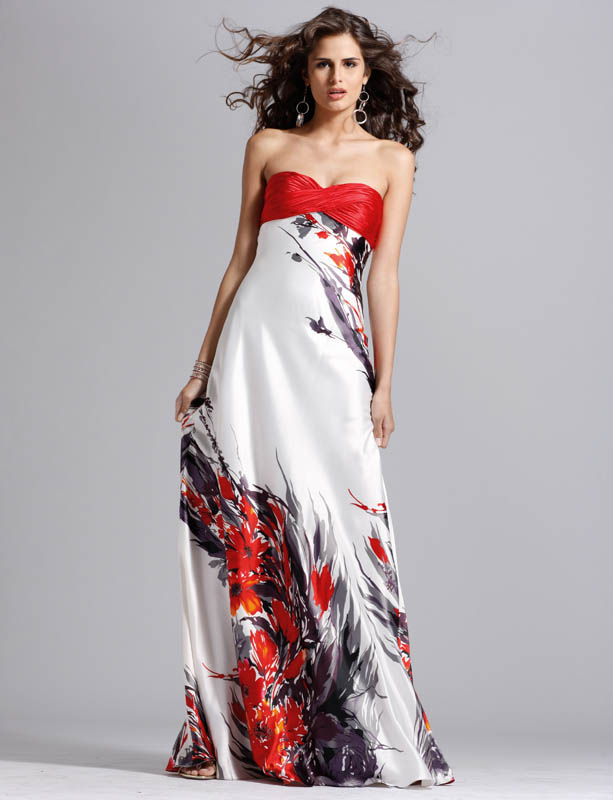 Ink Printing Strapless Sweetheart Sweep Train Floor Length Sheath Satin Prom Dresses