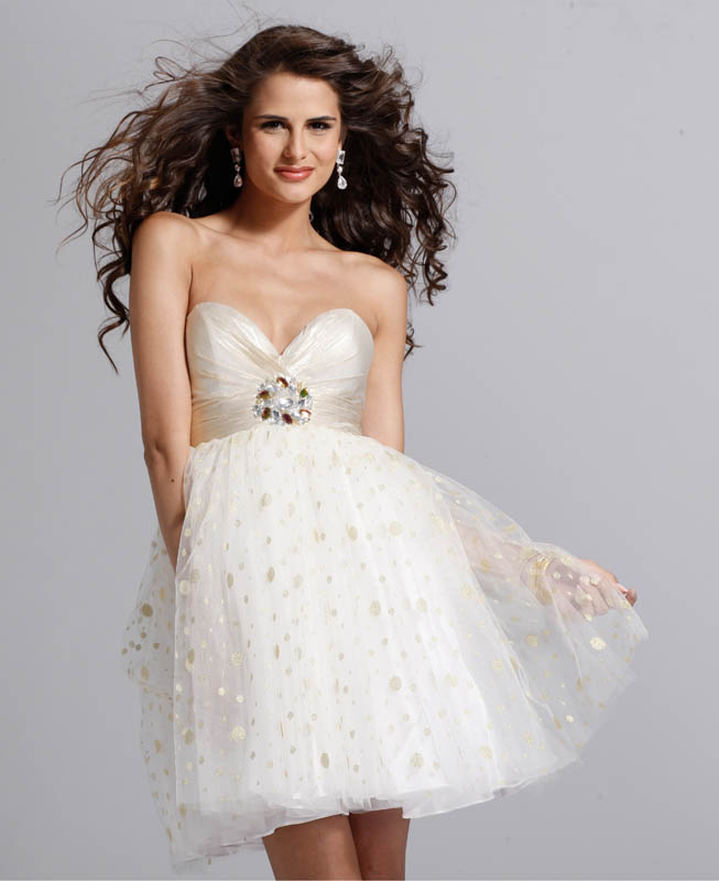 Dot Printed Ivory Strapless Sweetheart Empire Short Mini Length A Line Tulle Prom Dresses With Crystals