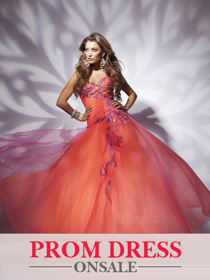 Orange Strapless Sweetheart Floor Length A Line Tulle Prom Dresses With Appliques