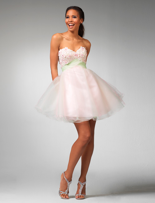 Pale Pink Strapless Sweetheart Short Mini Empire Tulle Prom Dresses With Lace And Lime Sash