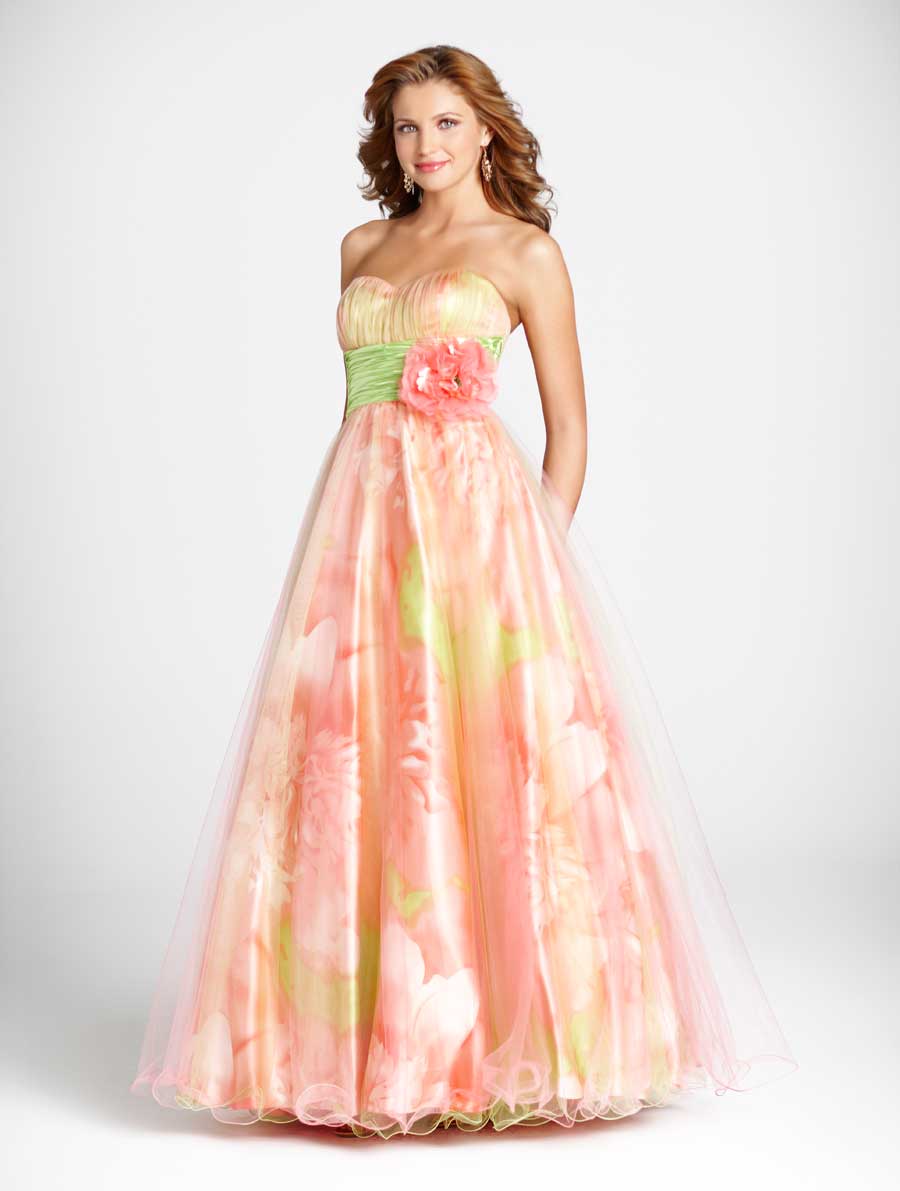 Floral Printed Pink Sweetheart Strapless A Line Full Length Tulle Prom Dresses With Sash And Flower