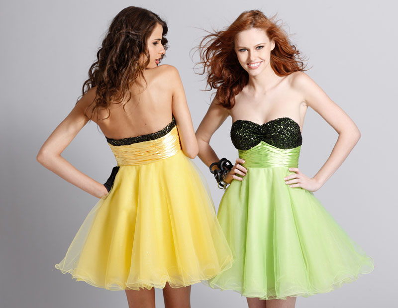 Yellow Strapless Sweetheart Empire Short Mini Tulle Prom Dresses With Black Sequins 