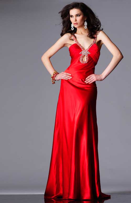 Red V Neck Full Length Satin Formal Dresses With Beadings And Crystals