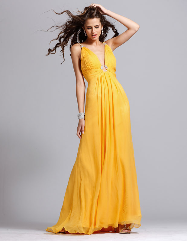 Yellow V Neck Ruched Floor Length Empire Chiffon Prom Dresses With Sequins 