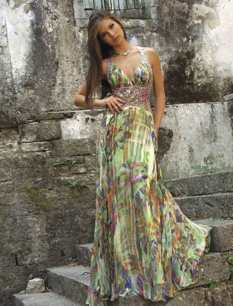 Printed V Neck Cross Back Sheath Floor Length Chiffon Pleated Prom Dresses With Sequins 