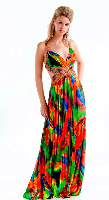 Hot Sale Colorful Printed V Neck Cross Back Full Length Pleated Chiffon Prom Dresses With Sequins 