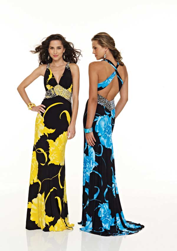 Black And Yellow Printed V Neck Cross Sweep Train Back Floor Length Sheath Prom Dresses With Sequins