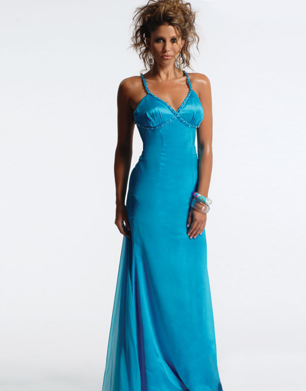 Turquoise V Neck Cross Back Sweep Train Floor Length Column Prom Dresses 2013