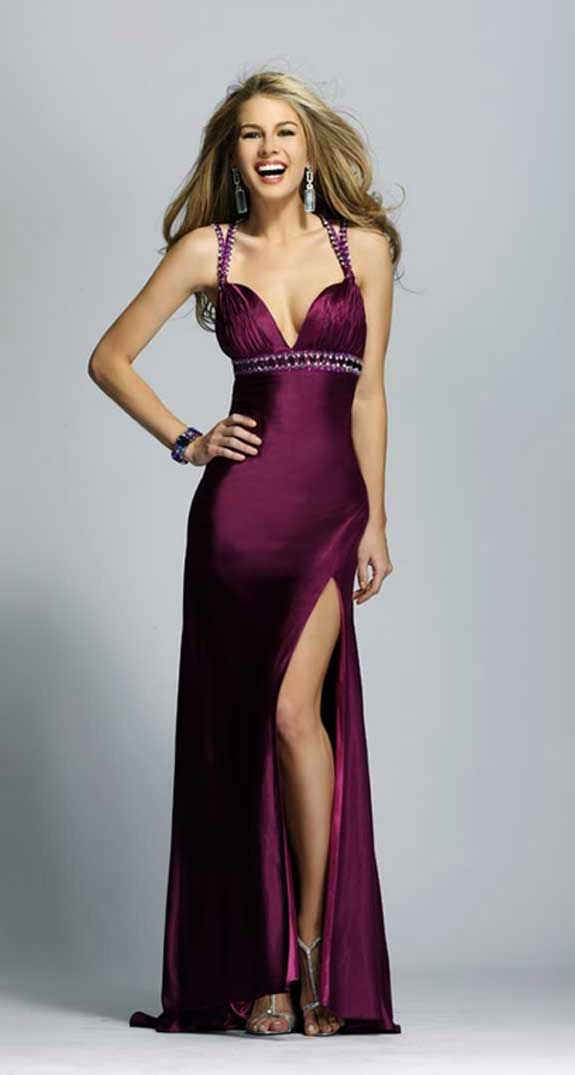 Grape V Neck High Slit Open Back Sweep Train Floor Length Satin Prom Dresses With Beads 