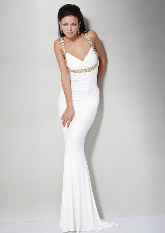 White V Neck Sweep Train Mermaid Floor Length Chiffon Prom Dresses With Gold Rings