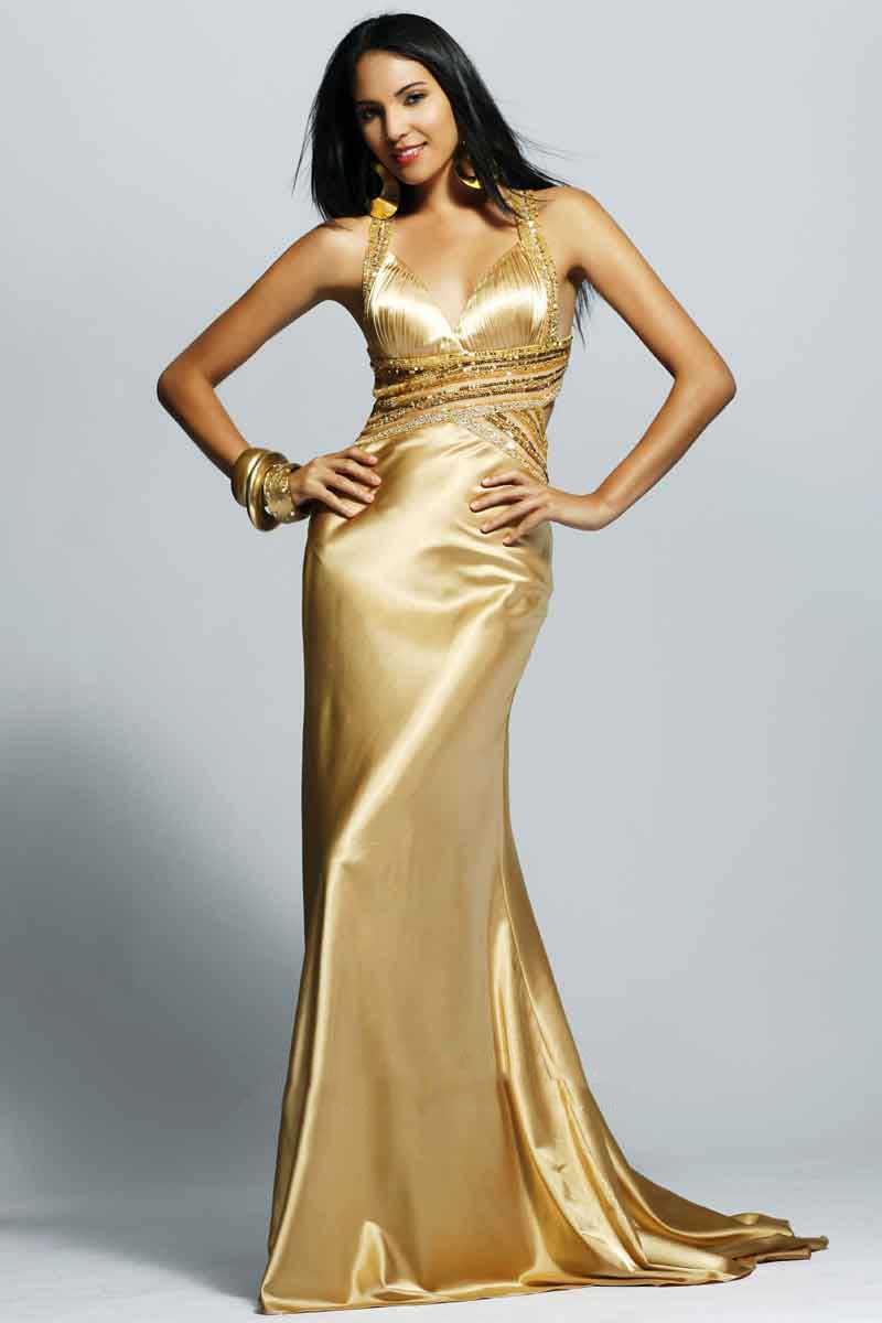 Gold Halter V Neck Cross Back Sweep Train Floor Length Sheath Prom Dresses With Beads 