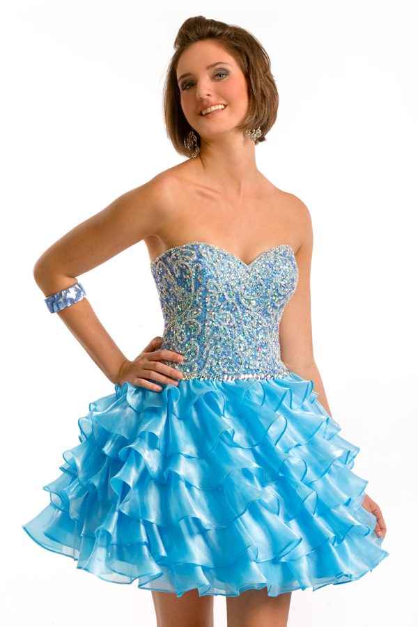 Ice Blue A Line Sweetheart Strapless Mini Sexy Dresses With Embroidery And Tiered Ruffled Skirt