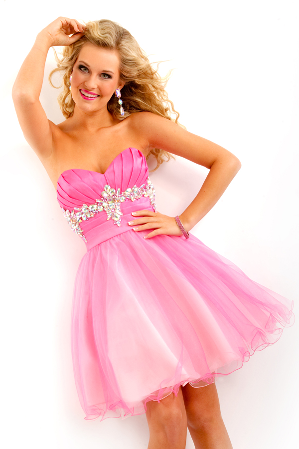 Ombre Pink Strapless Sweetheart Knee Length Empire Tulle Sexy Dresses With Beadings