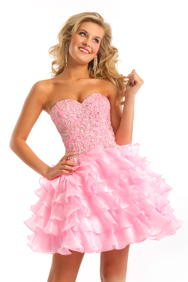 Pink Strapless Sweetheart A Line Mini Sexy Dress With Embroidery And Tiered Ruffled Skirt 