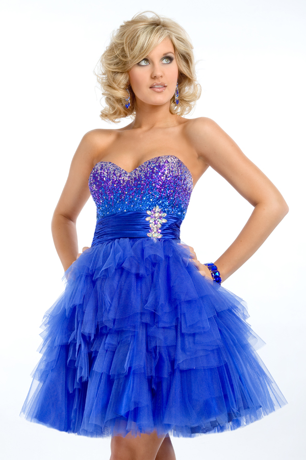 Blue A Line Sweetheart Strapless Knee Length Tiered Tulle Sexy Dresses With Beads And Sequins