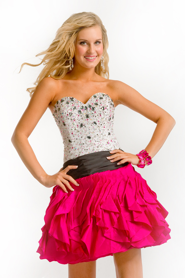Fuchsia And White A Line Sweetheart Strapless Short Mini Sexy Dresses With Beading And Ruffles And Black Belt