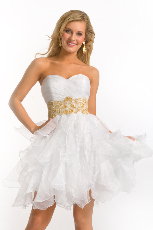 White Empire Mini Length Sweetheart Strapless A Line Sexy Dresses With Gold Waistband