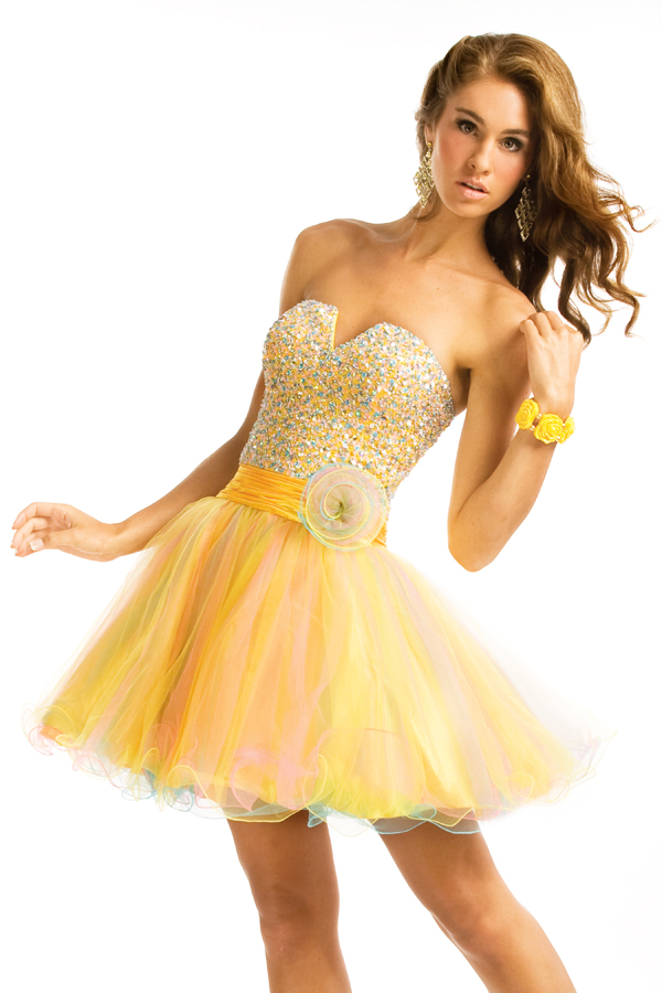 Yellow Sweetheart Low Back A Line Mini Length Sexy Dresses With Multi Colored Sequins
