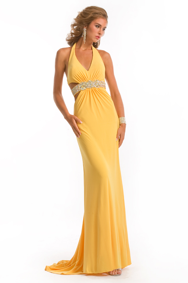 Daffodil Empire Floor Length Halter Open Back Column Sexy Dresses With Beading Waistband