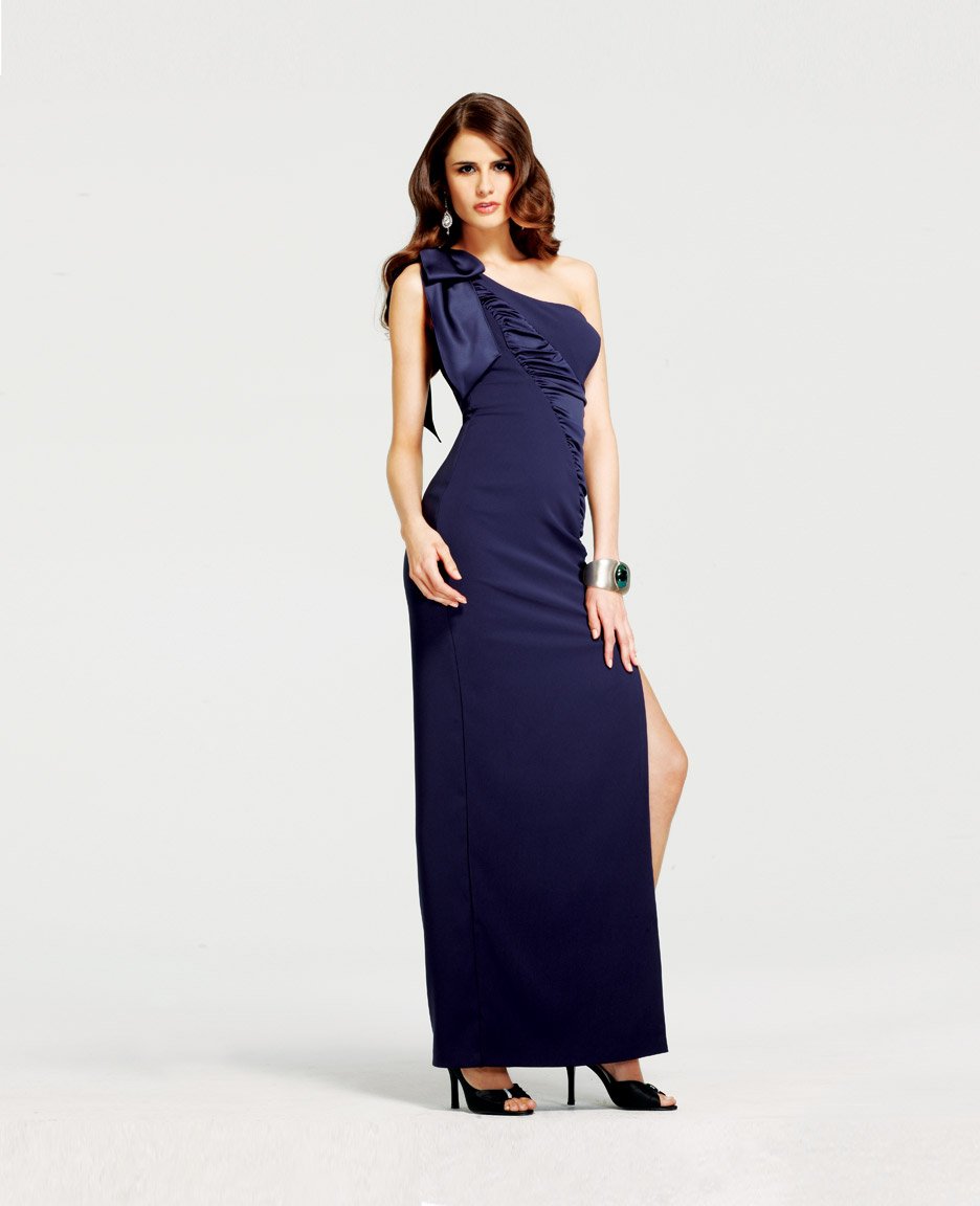 Dark Navy One Shoulder High Slit Floor Length Sheath Sexy Dresses With Bowknot