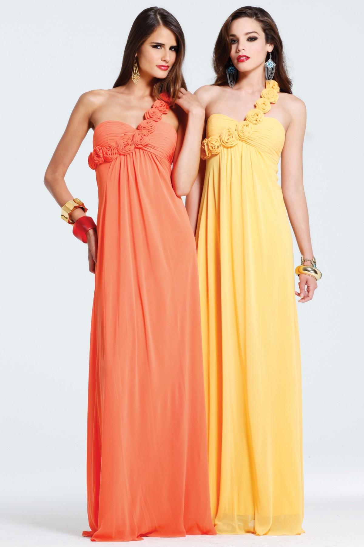 Orange One Shoulder Zipper Floor Length Column Sexy Dresses With Rosettes