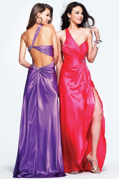 Red Column One Shoulder High Slit Open Back Full Length Sexy Dresses With Sequins