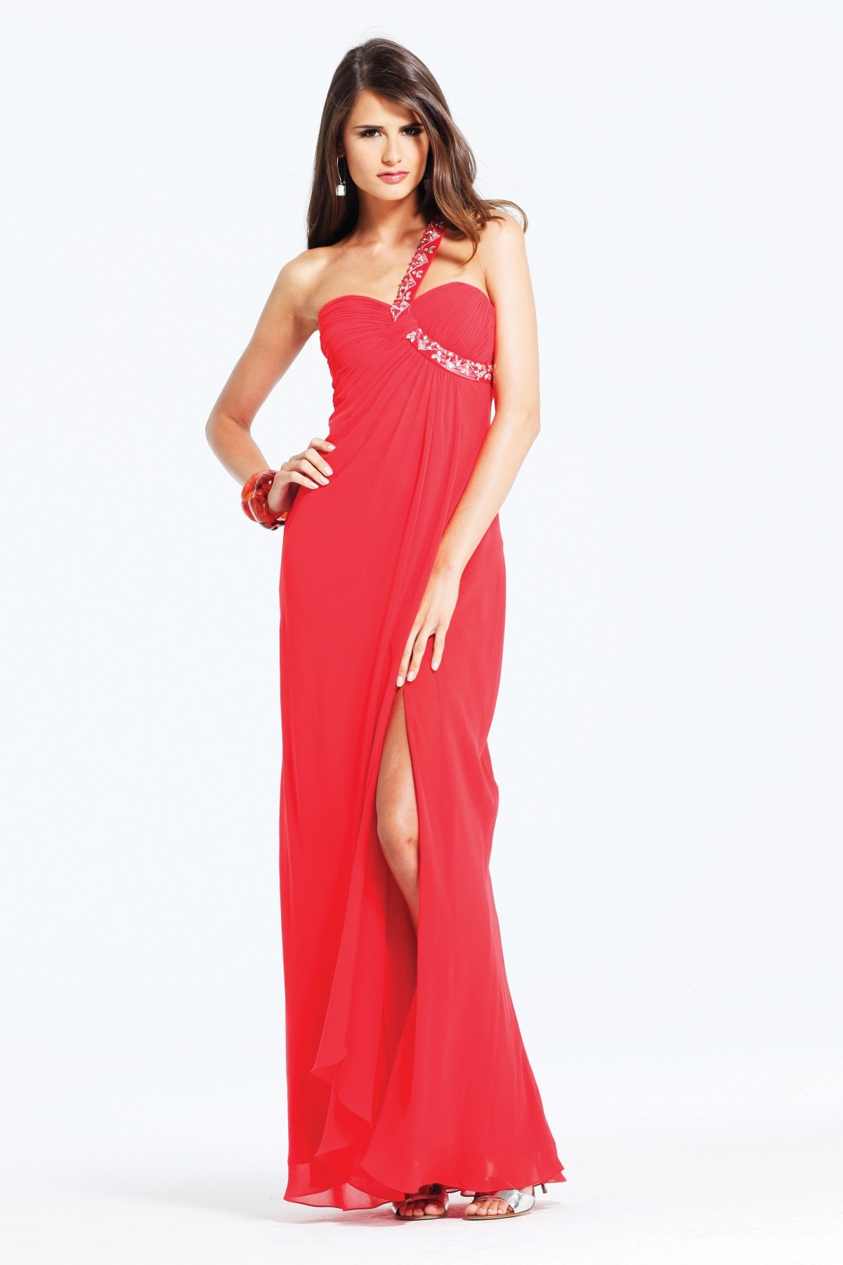 Red Column One Shoulder High Slit Cross Back Floor Length Sexy Dresses With Sequins