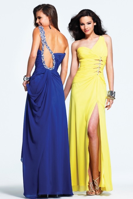 Floor Length One Shoulder High Slit Low Back Yellow Column Sexy Dresses With Sequins