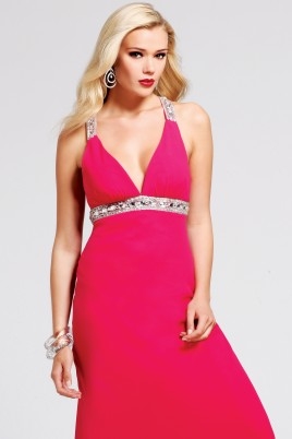 Column Floor Length V Neck Cross Back Hot Pink Chiffon Sexy Dresses With Beadings