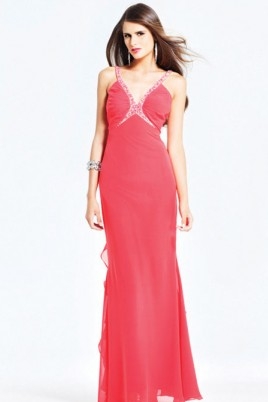 Watermelon V Neck Open Back Column Floor Length Sexy Dresses With Sequins
