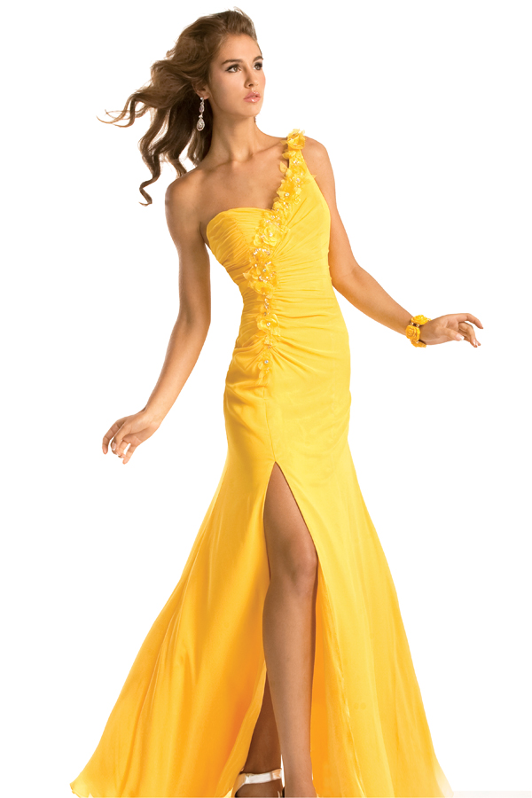 Yellow Sheath One Shoulder High Slit Open Back Floor Length Sexy Dresses With Flowers