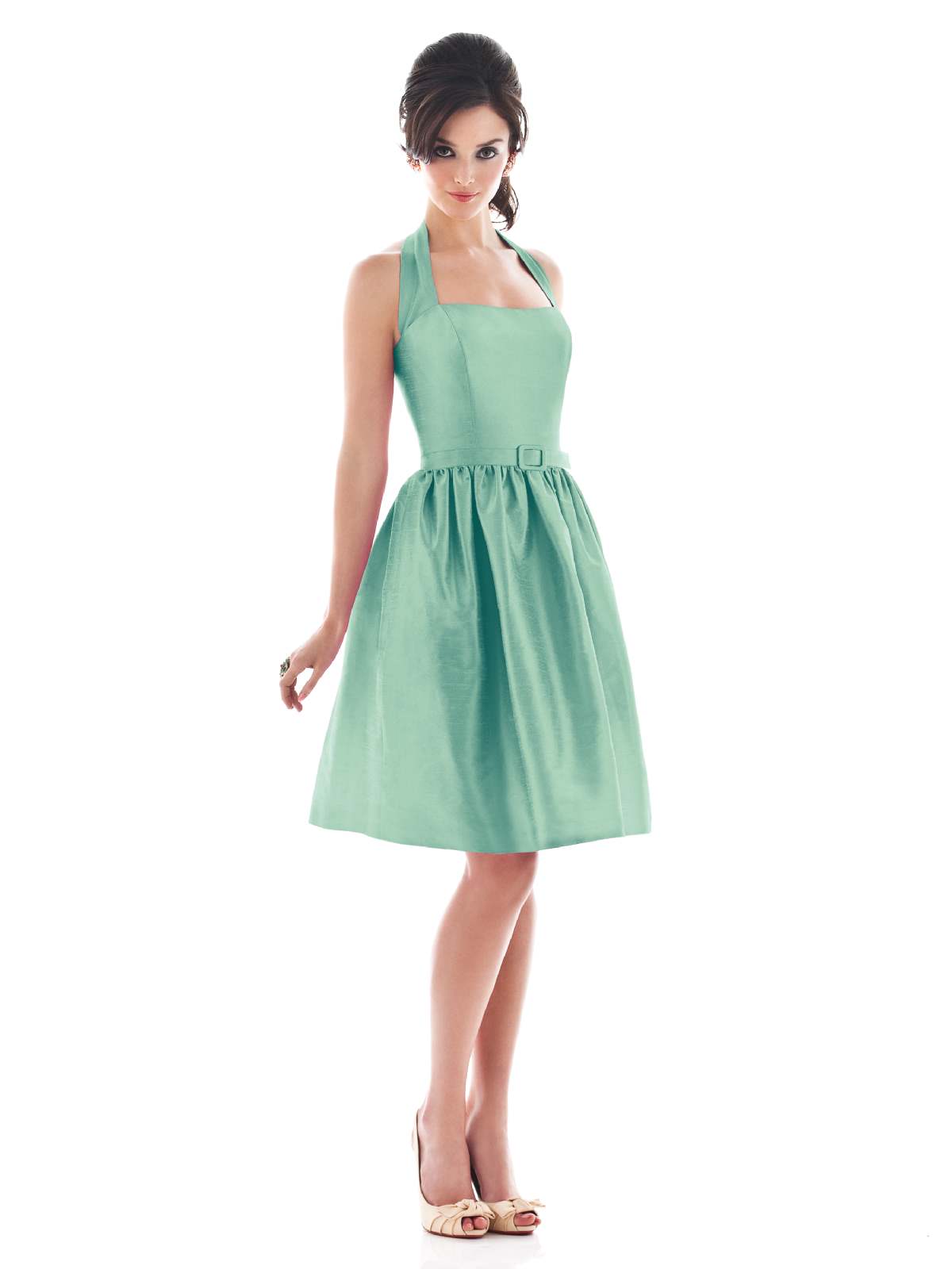 A Line Halter Low Back Knee Length Aqua Prom Dresses With Belt And Draped Skirt 