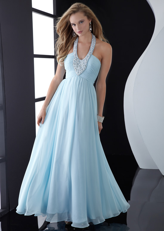 Light Sky Blue A Line Halter Zipper Beading Pleats Floor Length Chiffon Evening Dresses