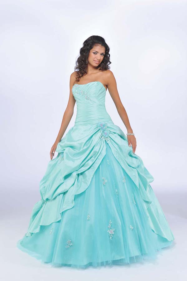 Aqua Ball Gown Strapless Full Length Ruffled Quinceanera Dresses With Appliques