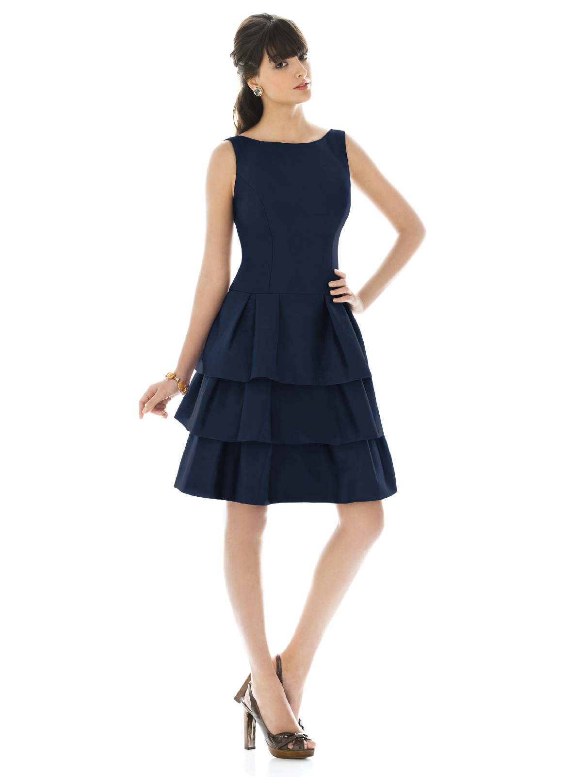 Dark Navy A Line Bateau Zipper Knee Length Pleated Tiered Prom Dresses