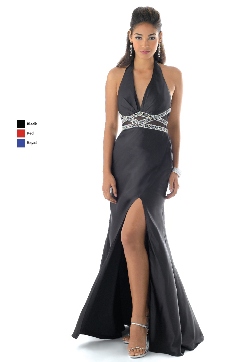 Black A Line Halter Deep V Neck Backless Floor Length Satin Prom Dresses With High Slit 